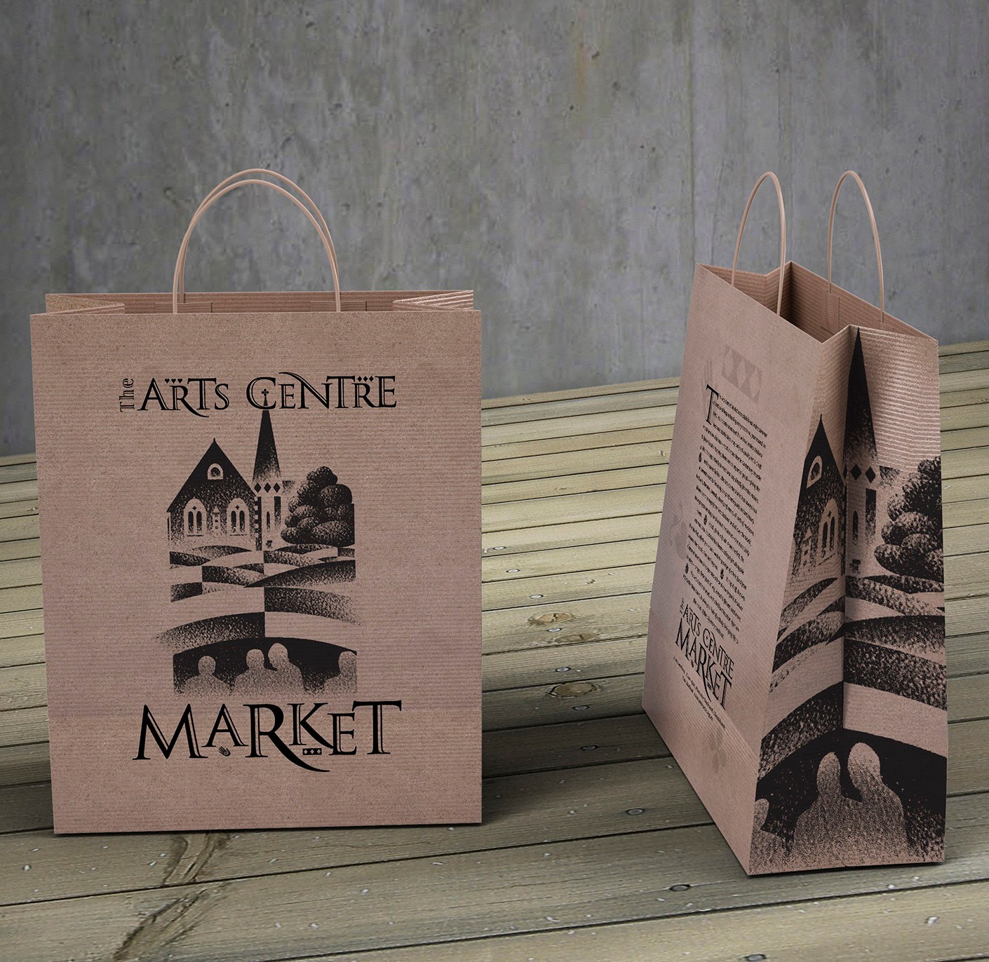 Arts Centre Market logo applied to large Kraft paper shopping bag