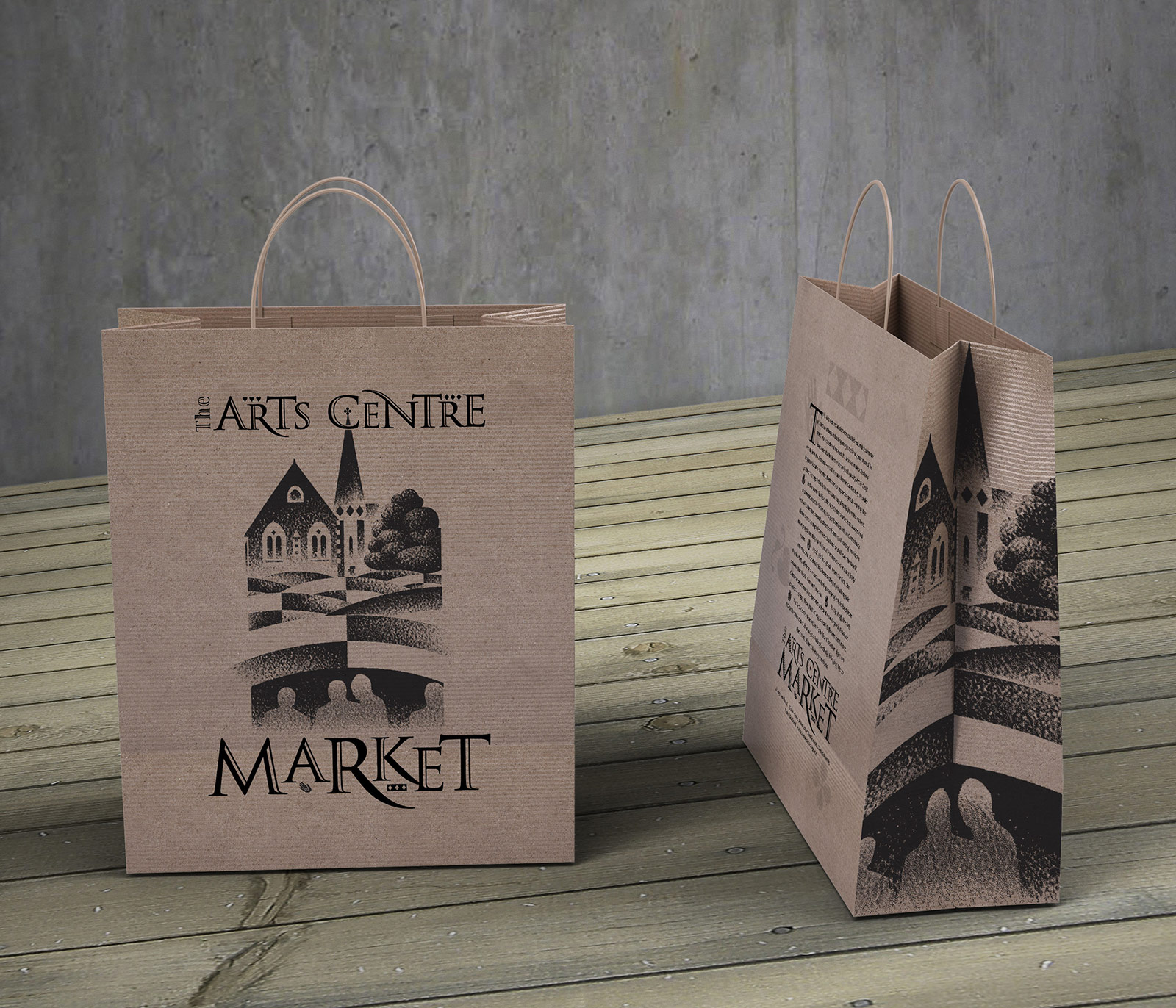 Arts Centre Market logo applied to large Kraft paper shopping bag