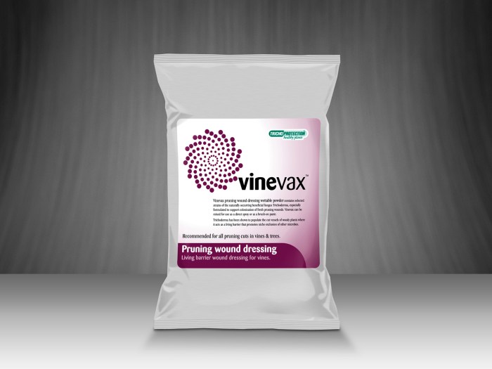 Agrimm trichoprotection, Vinevax, Pruning wound dressing, self-adhesive label, foil pouch, vacuum pack