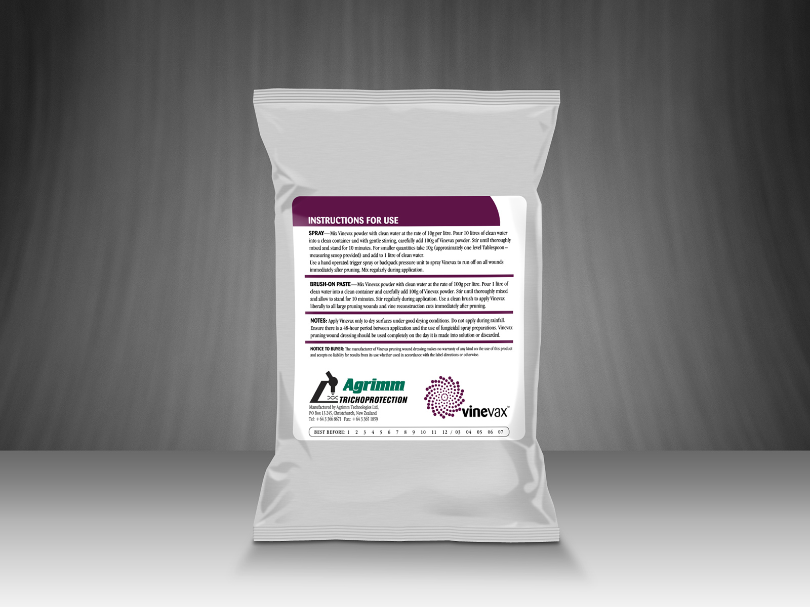 Agrimm trichoprotection, Vinevax, Pruning wound dressing, self-adhesive label, foil pouch, vacuum pack