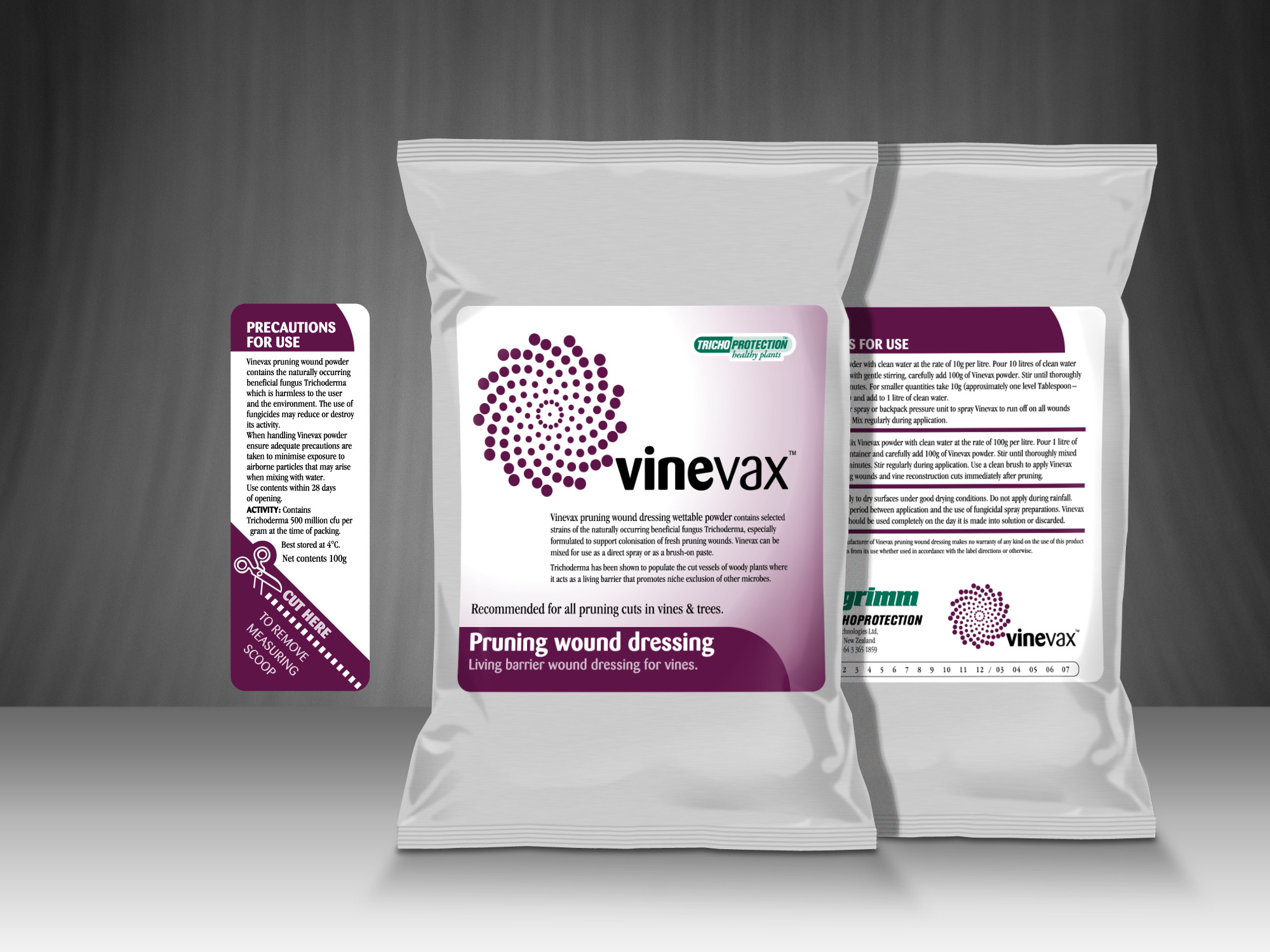 Vinevax, pruning wound dressing foil pouch packaging