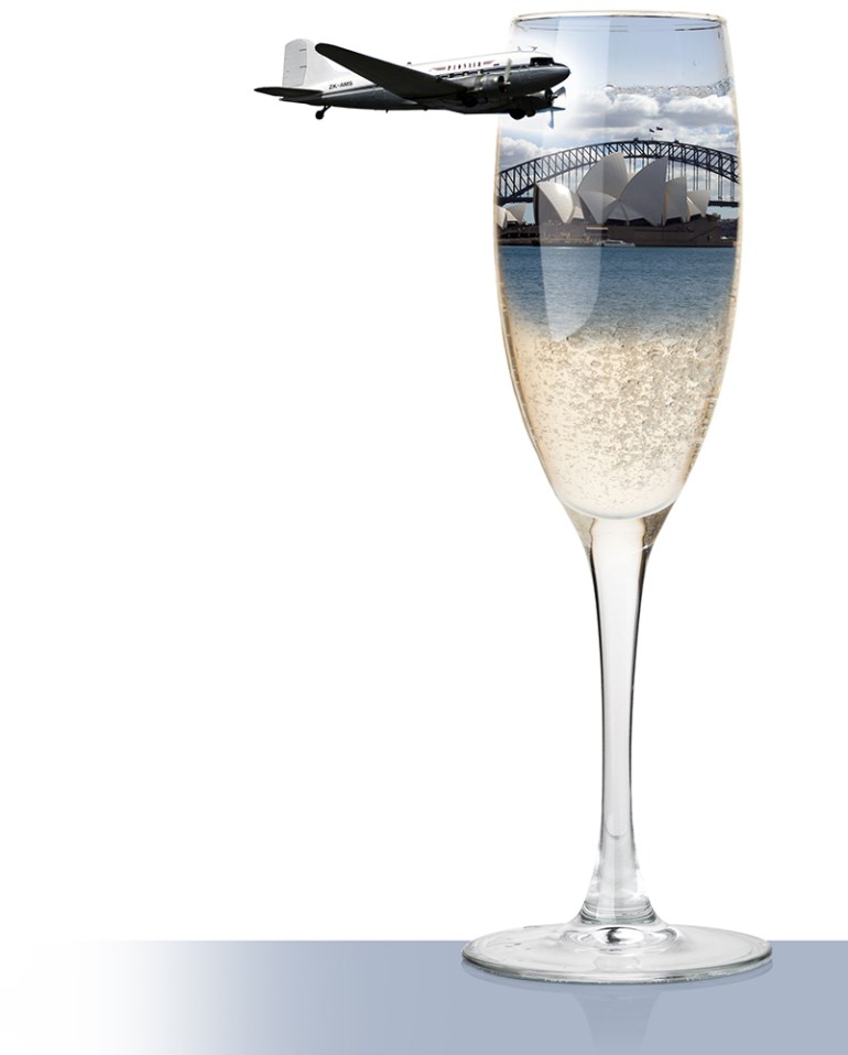 Champagne flute, DC3 aircraft, Sydney Harbour Bridge, Sydney Opera House, photocomposite illustration.