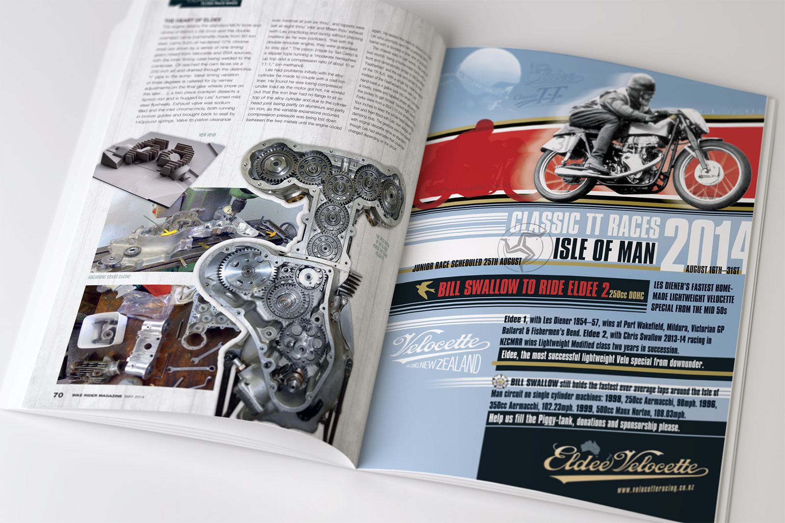 Eldee Velocette, Isle of Man Classic TT 2014, Bill Swallow, full page advertisment, Biker Rider New Zealand Magazine
