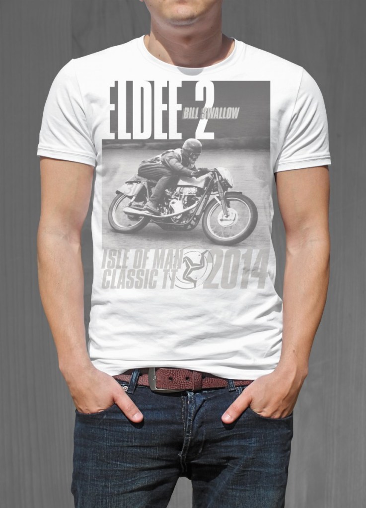 Eldee Velocette, t-shirt design, front of black shirt, Velocette Racing New Zealand, MagentaDot Brands.