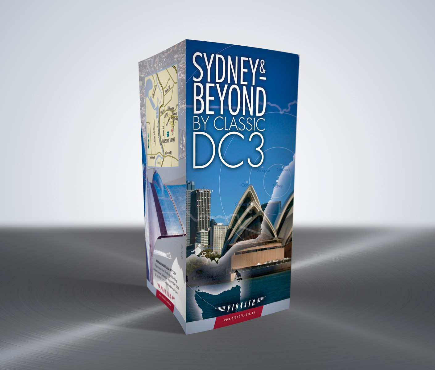 Pionair Australia, Classic DC3 aviation, Sydney & Beyond, 8-panel, gate-fold, DLE tourism brochure