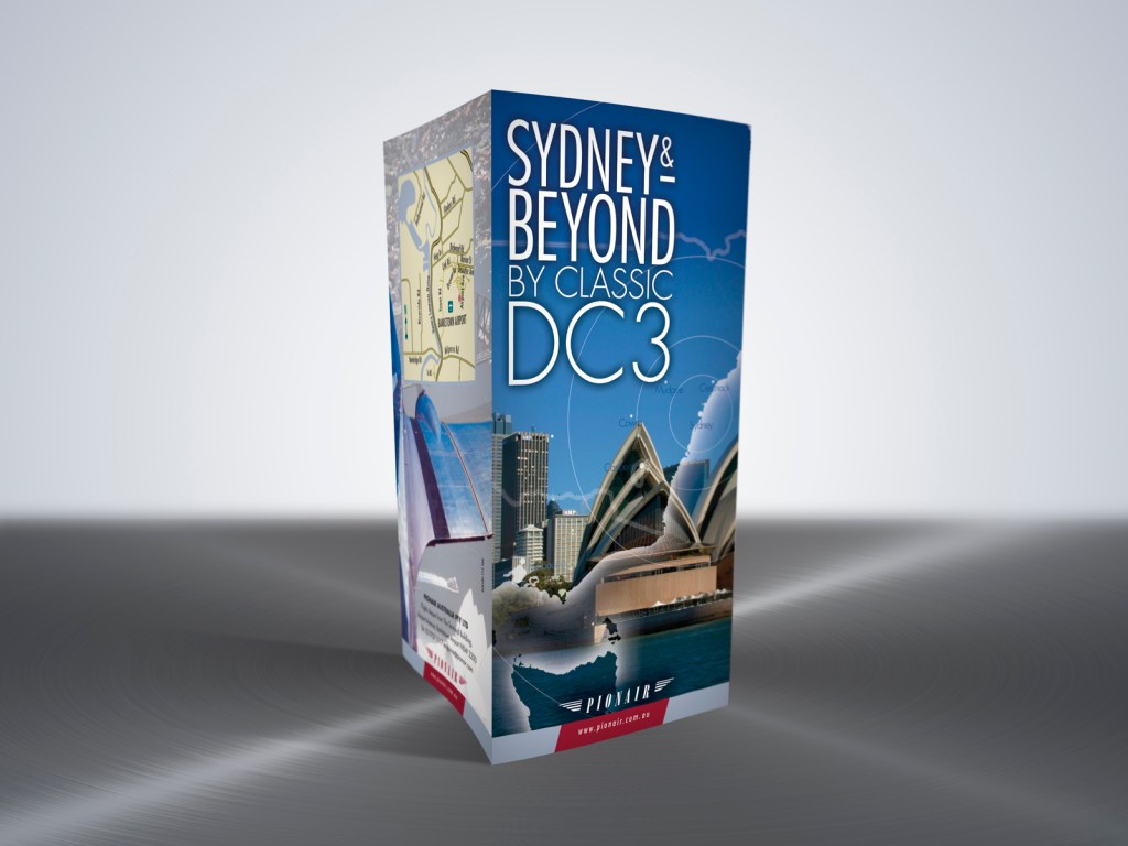 Pionair Australia, Classic DC3 aviation, Sydney & Beyond, 8-panel, gate-fold, DLE tourism brochure