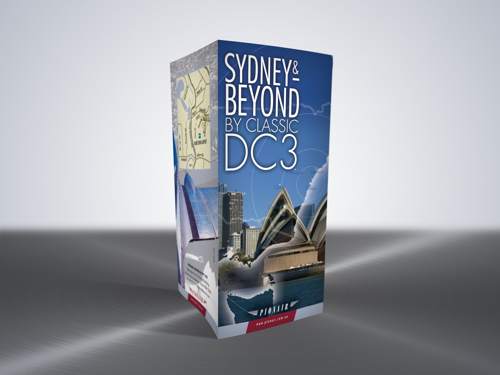 Pionair Australia, Classic DC3 aviation, Sydney & Beyond, 8-panel, gate-fold, DLE tourism brochure