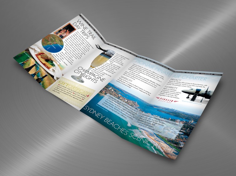 Four panel inside spread of the “Sydney &amp; Beyond by Classic DC3” and Private Air Charter gatefold brochure