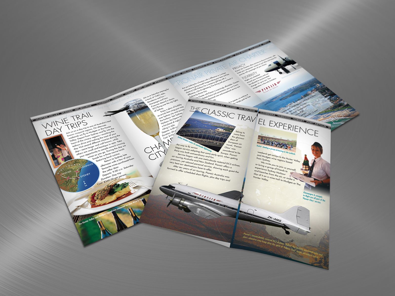 Pionair Australia, Classic DC3 aviation, Sydney & Beyond, 4-panel, gate-fold, DLE tourism brochure