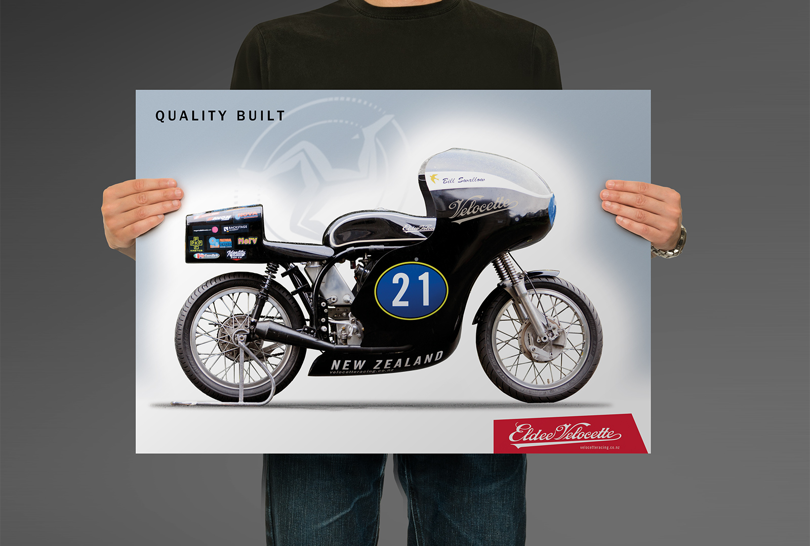 Eldee Velocette, side elevation, poster, A2, landscape, Quality built, mock-up