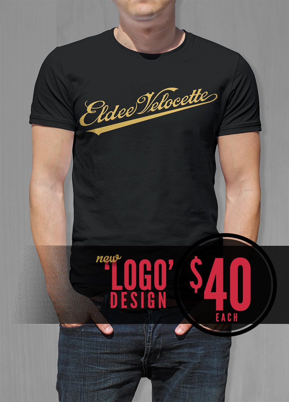 Eldee Velocette, Logo design, t-shirt design, front of black shirt, Velocette Racing New Zealand, MagentaDot Brands.