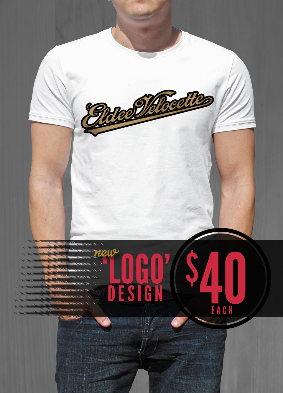 Eldee Velocette, Logo design, t-shirt design, front of white shirt, Velocette Racing New Zealand, MagentaDot Brands.