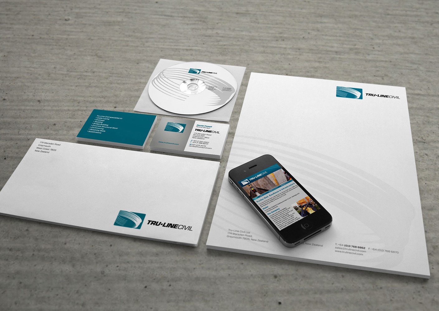 Tru-Line Civil, corporate stationery system, business card, letterhead, mobile web, CD ROM, envelope, website