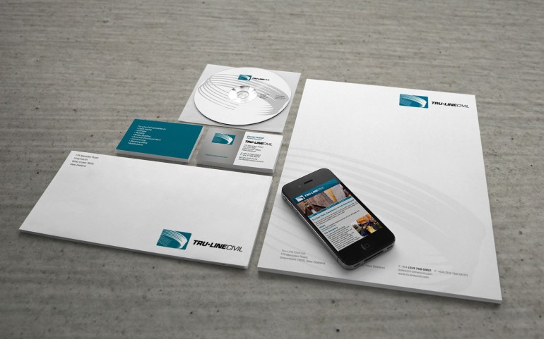 Tru-Line Civil, corporate stationery system, business card, letterhead, mobile web, CD ROM, envelope, website