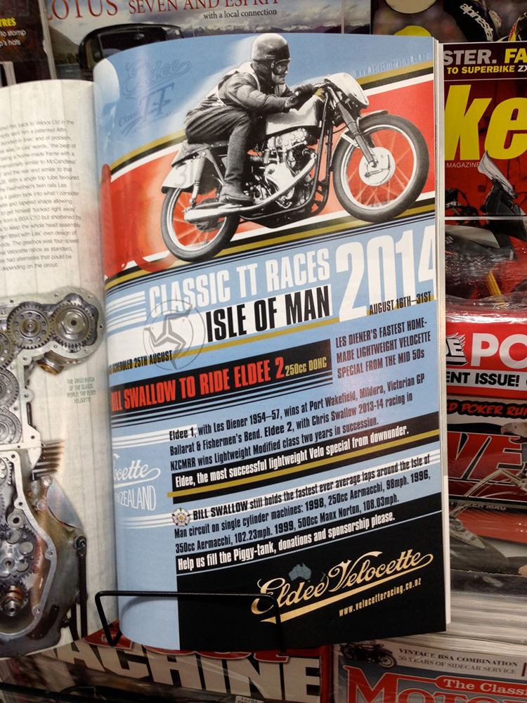 Bike Rider New Zealand, Velocette Racing New Zealand, Eldee Velocette, full page advertisment, Bill Swallow, Classic TT races Isle of Man 2014