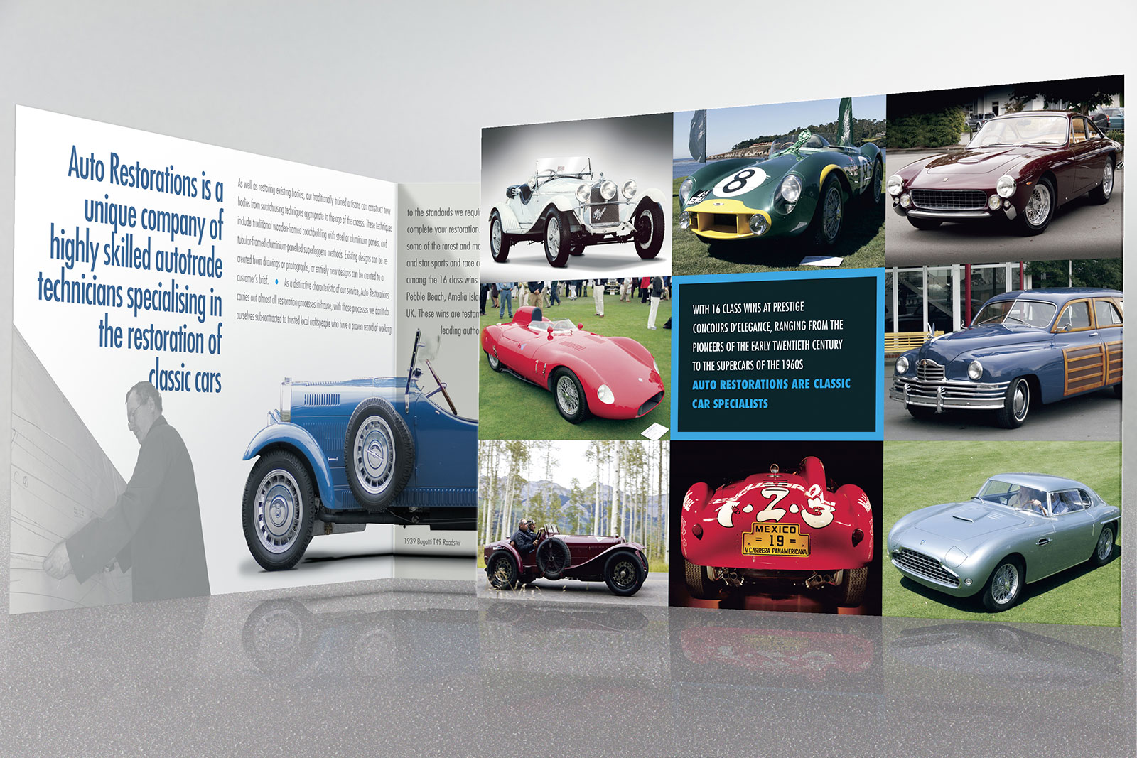 Opening the second, four-page spread of Auto Restorations‘ double gate-fold brochure.