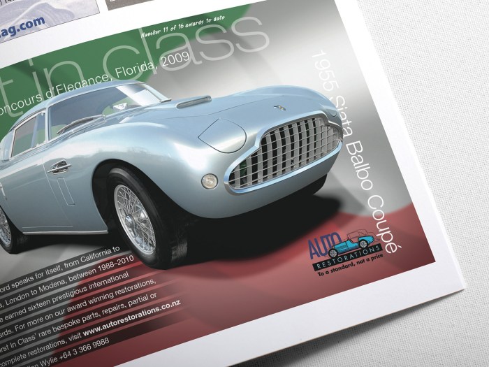 Siata Balbo half page advertisement for Auto Restorations in Classic Car enthusiasts magazine 2010. Second in a campaign of ads. The theme of the campaign is to dedicate each ad to one of their 16 international award winning restorations.
