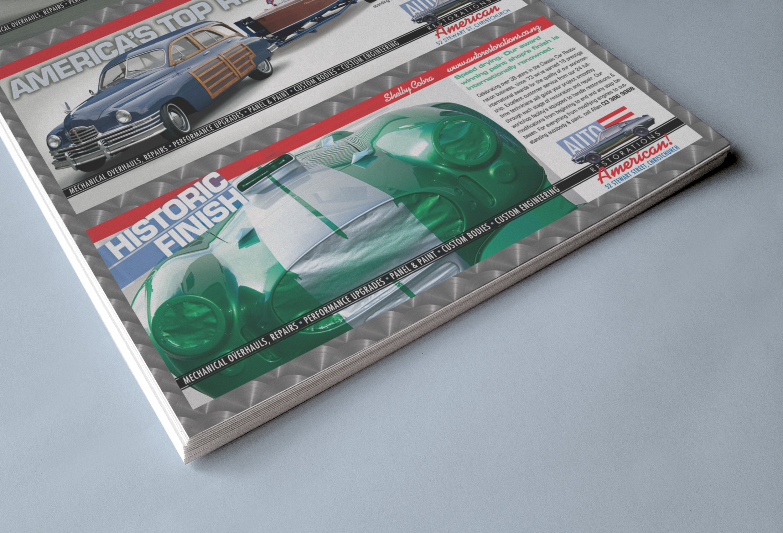 Auto Restorations “Historic finish” advertisement proof.