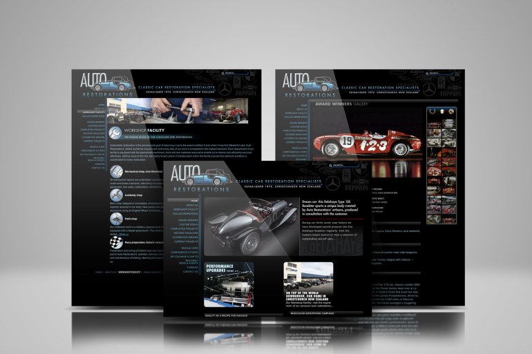 Auto Restorations web design showcase, three pages from the site displayed in an overlapping symmetrical composition.