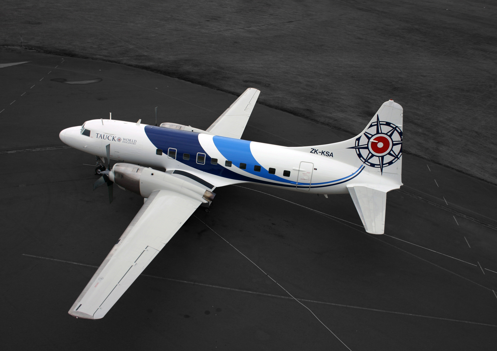 Rare birds-eye view of Convair CV580 ZK-KSA, inaugural flight, Palmerston North to Wigram Airfield, Christchurch, newly refurbished and sporting the new specialised Pionair aircraft ‘fluid’ livery’.