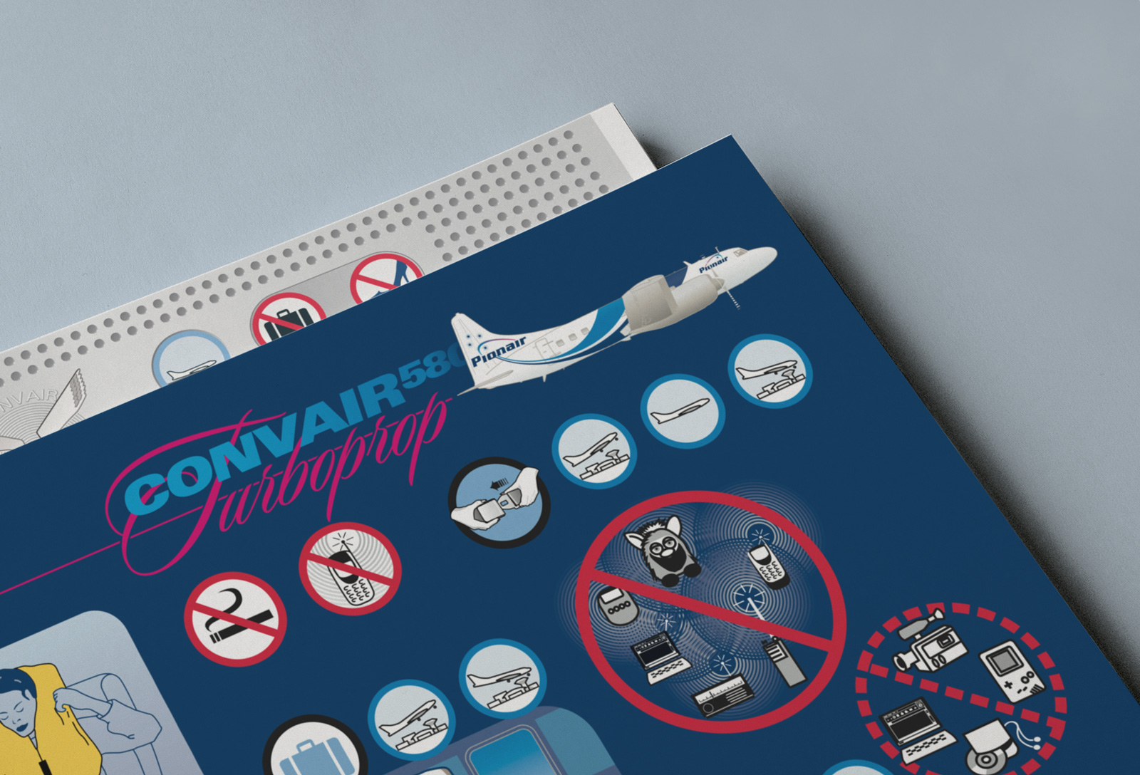 Convair CV580 Cabin Safety Instructions Card, front cover, close-up.