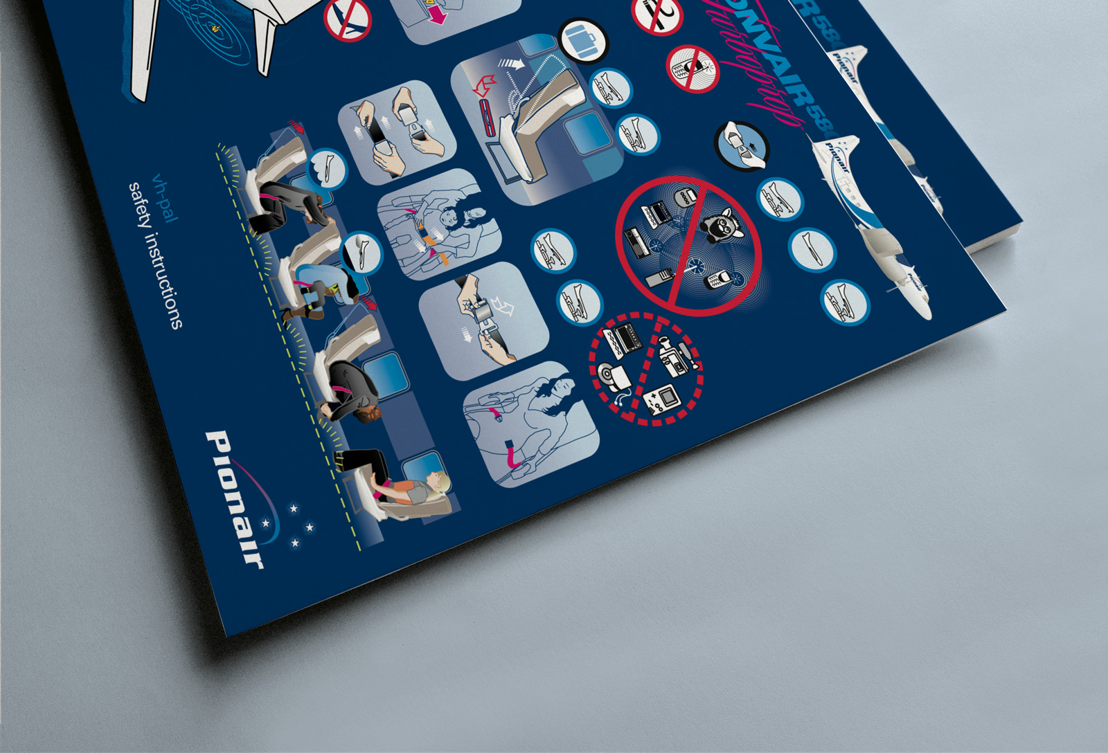 Convair CV580 Cabin Safety Instructions Card, front cover, close-up. Brace position, hand-luggage stow instructions.