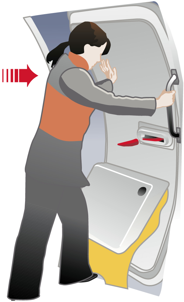 Convair CV580 Cabin Safety Instructions Card, vector infographic, arming the escape chute, opening the door.