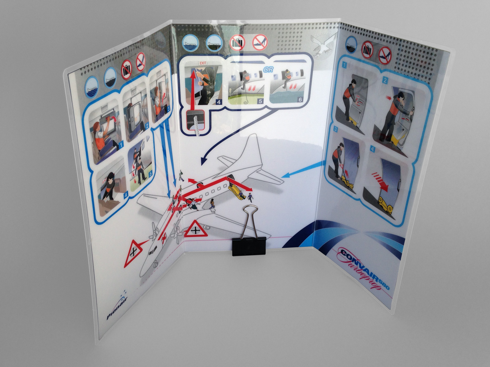 Convair CV580 Cabin Safety Instructions Card, inside spread, printed sample in heavy duty laminate capsule.