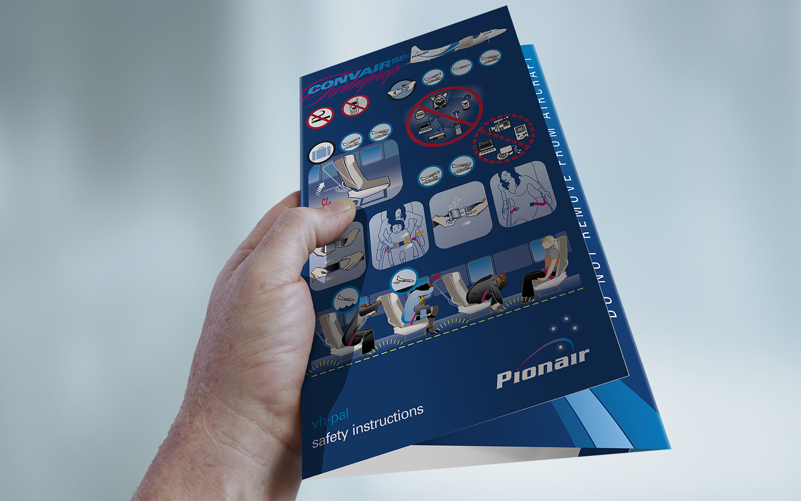 Convair CV580 Cabin Safety Instructions Card, front cover, hand-held