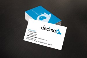 Decima Health business card portrait, two colours, black and blue, two-sided card design, symbol and name on front, symbol and positioning statement illustration on back