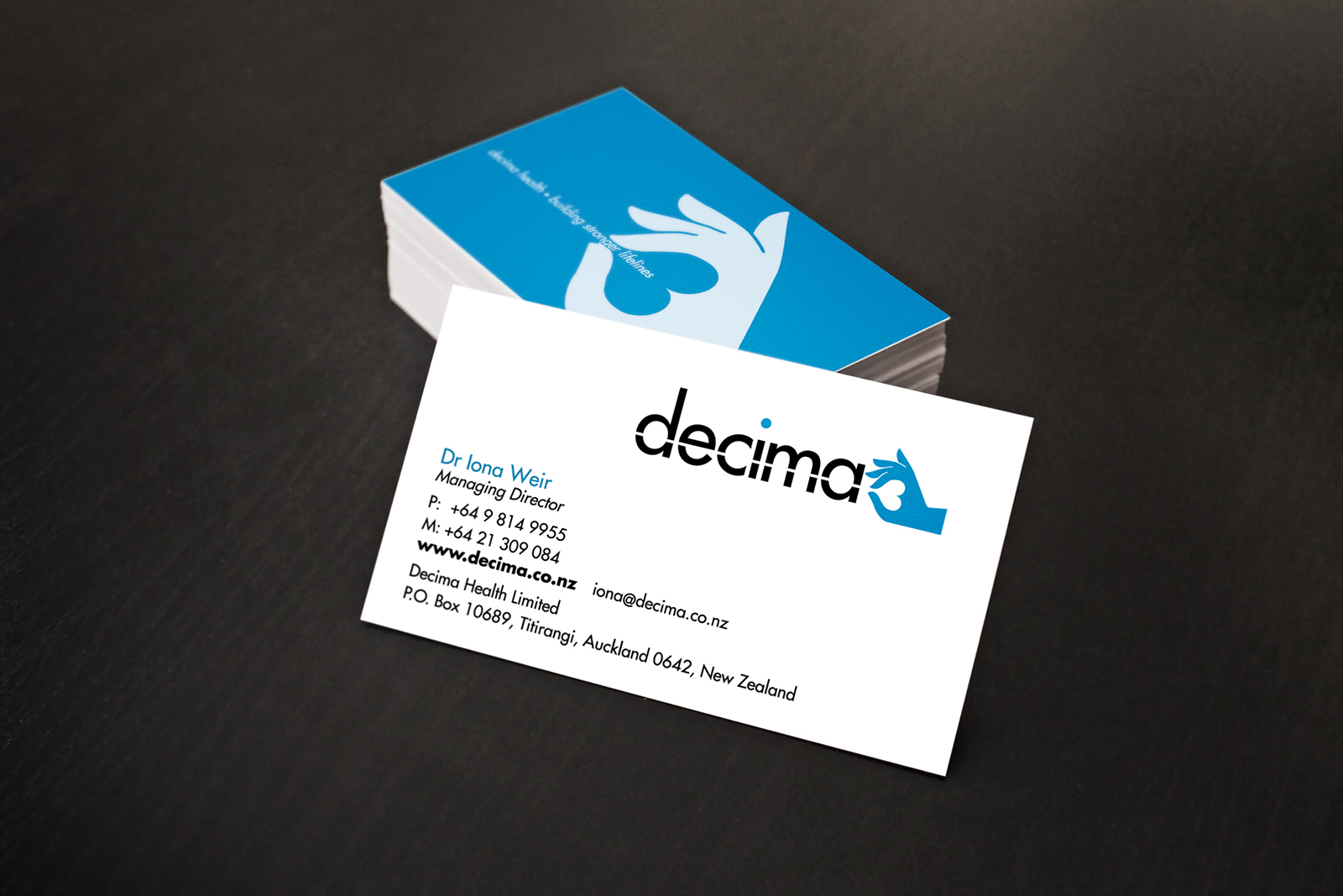 Decima Health logo and business card front and back