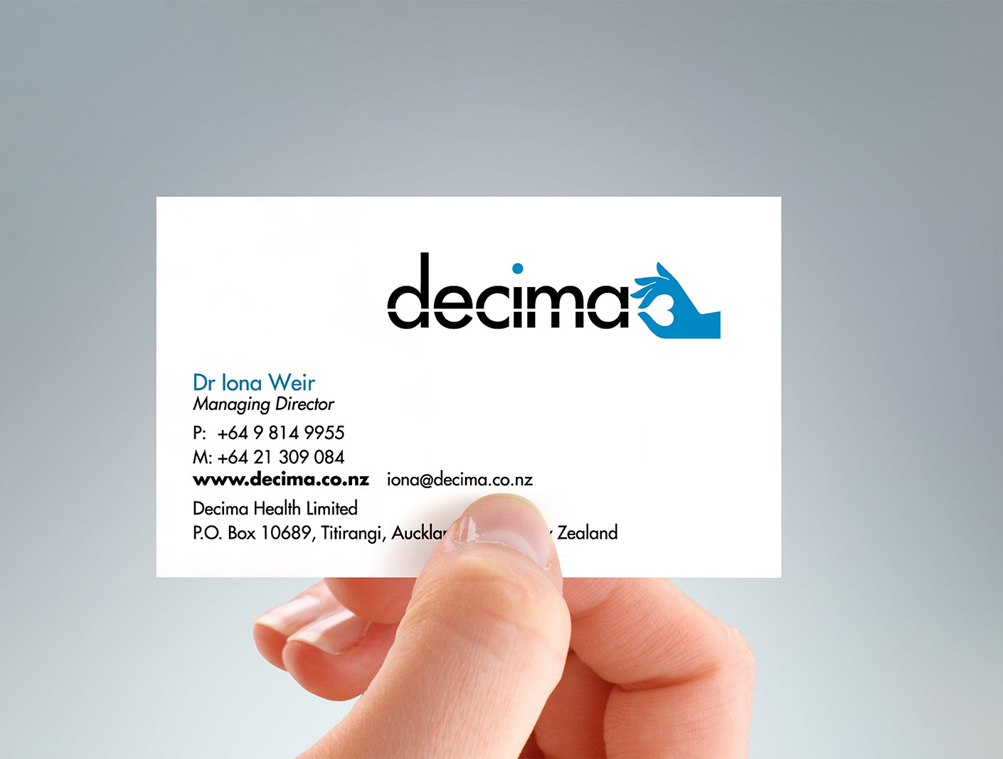 Decima Health logo and business card front