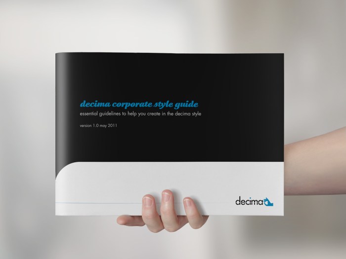 Decima corporate style guide front cover. Brand use document, Graphic Standards guide.