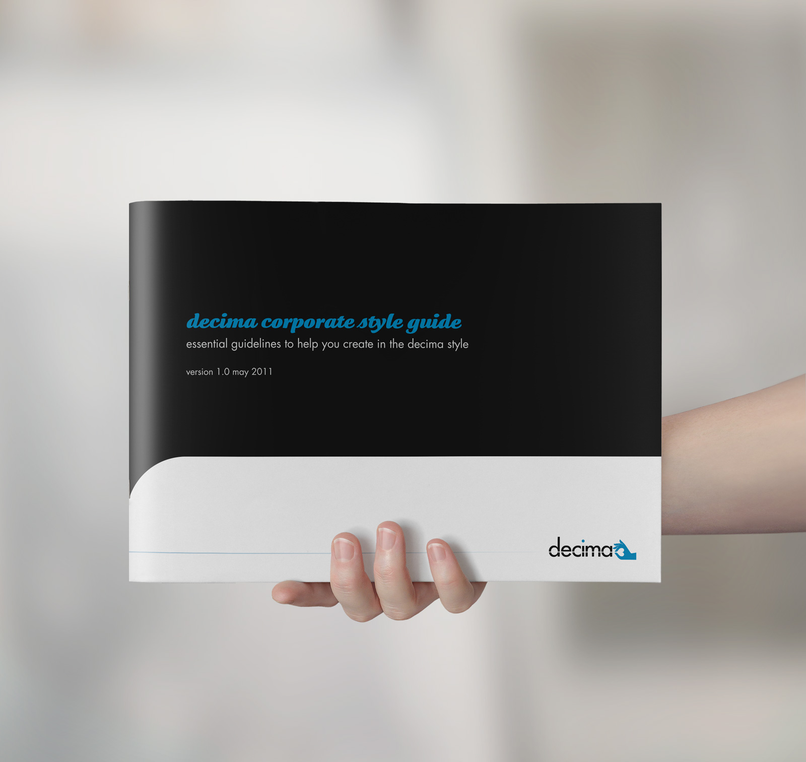 Decima corporate style guide front cover. Brand use document, Graphic Standards guide.