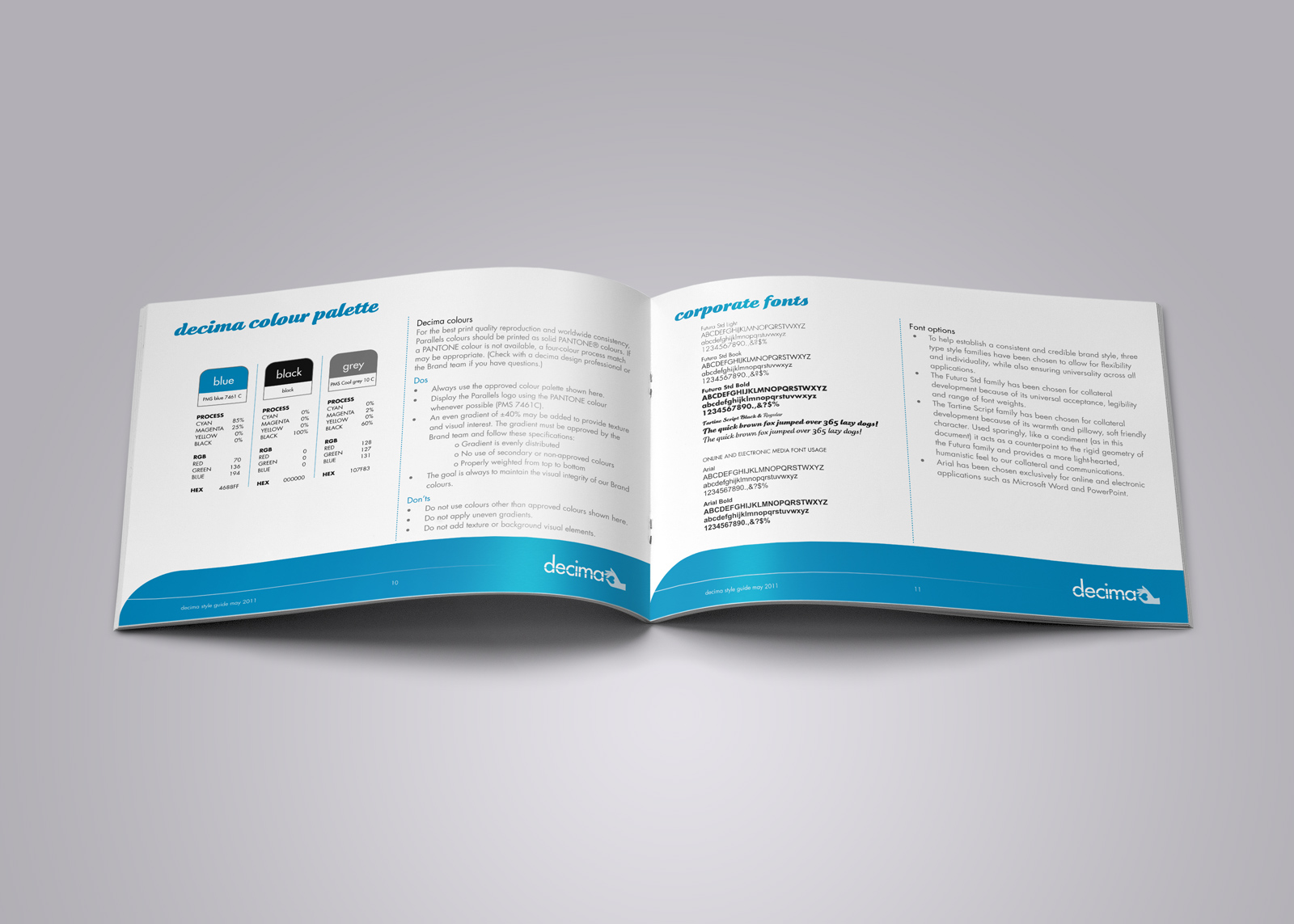 Inside spread from the Decima corporate style guide, page headings read “decima colour palette”, “corporate fonts”. Brand use document, Graphic Standards guide.