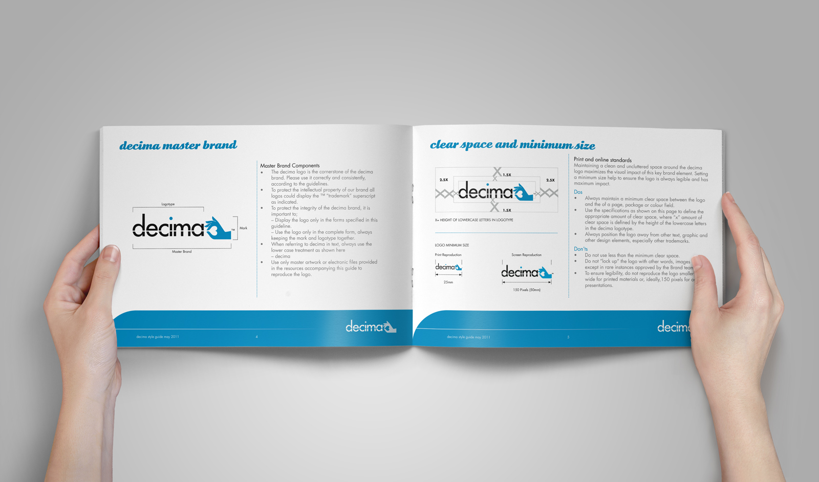 Inside spread from the Decima corporate style guide, page headings read “decima style guide”, “the logo”. Brand use document, Graphic Standards guide.