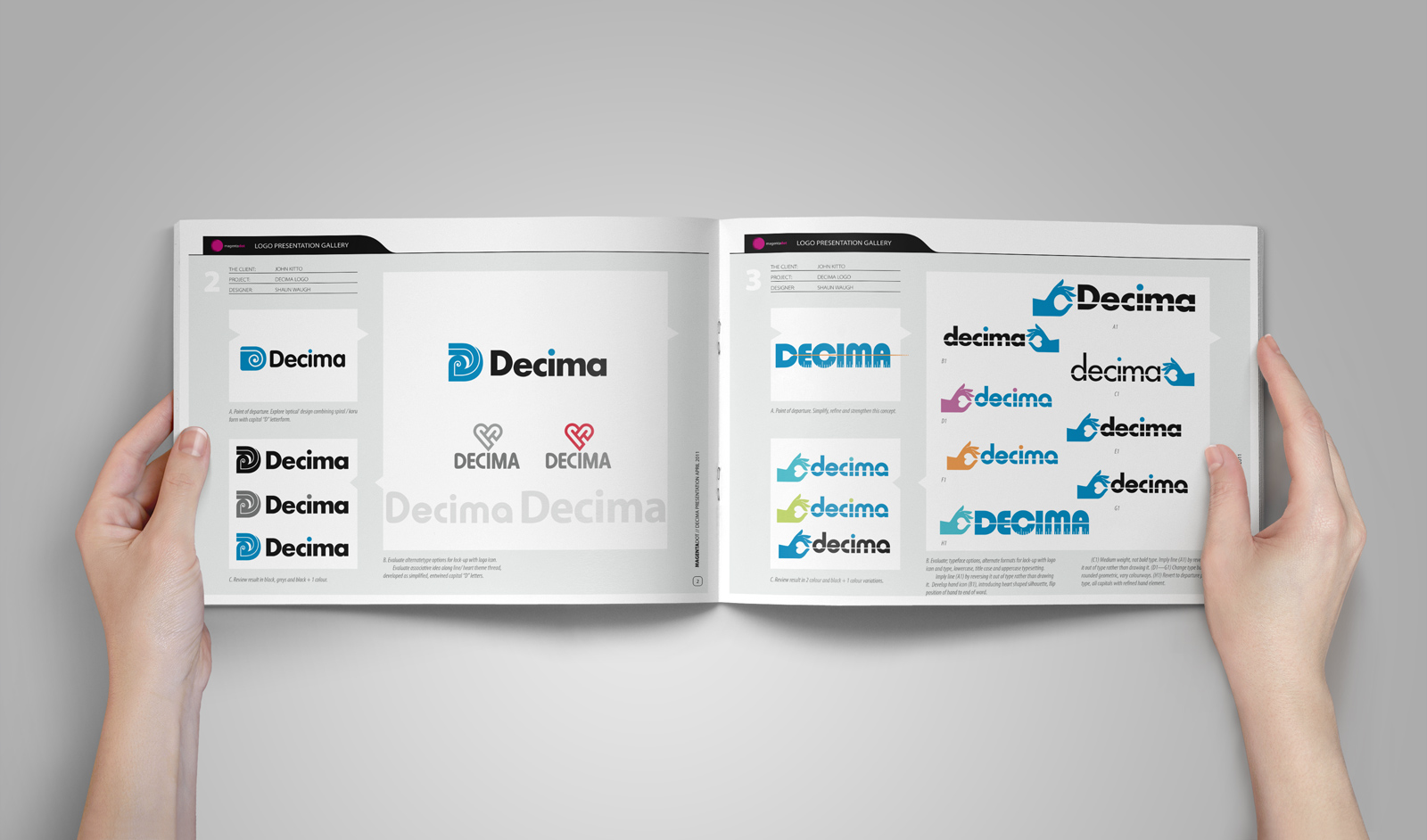 Inside spread from the Decima brand design presentation document.