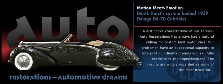 Graphic Delage d6-70 cabriolet slide from the ‘Auto Restorations—automotive dreams’