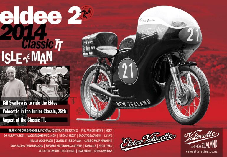 Eldee Velocette classic racing motorcycle, Isle of Man Classic TT 2014, ClassicRacer Magazine, half page horizontal colour advertisement. Advertising design, copywriting, photography.