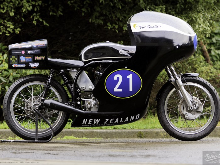 Nick Thomson, Eldee T.T., lightweight, Velocette special, side elevation, starboard side, petrol tank, new Eldee Velocette badge, carbon fibre petrol tank and fairing, rider, Bill Swallow, flying swallow mark, publicity photo, photographer, Shaun Waugh, MagentaDot Brands
