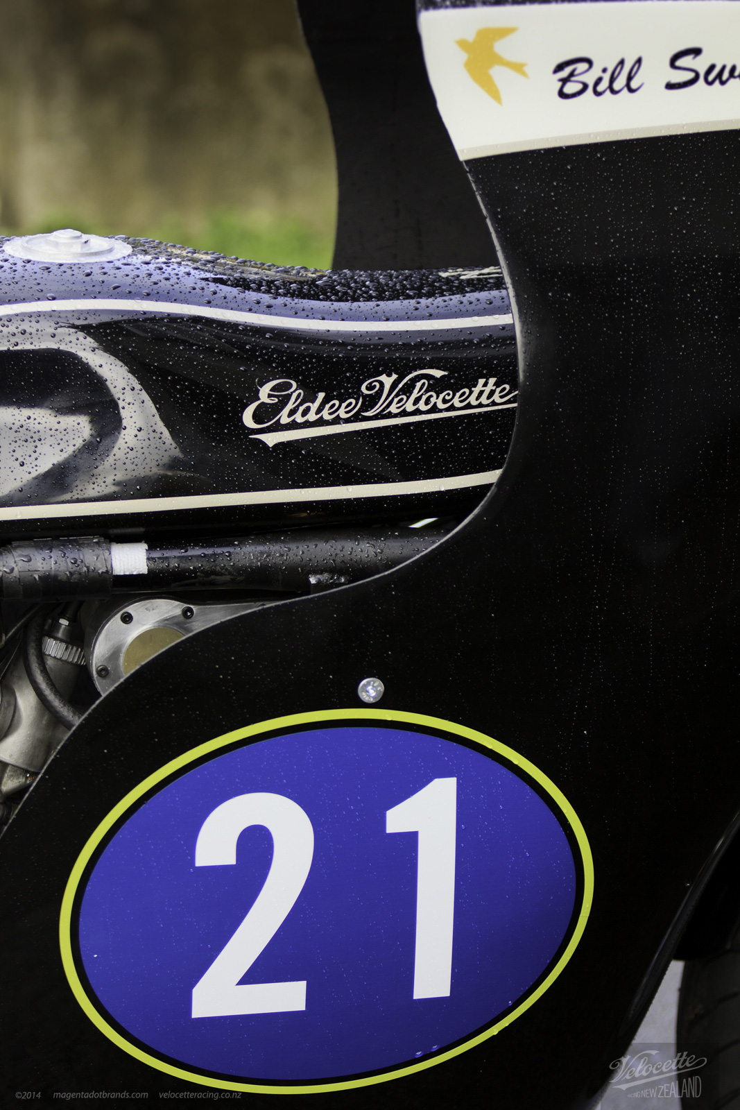 Eldee Velocette logo detail on carbon fibre tank