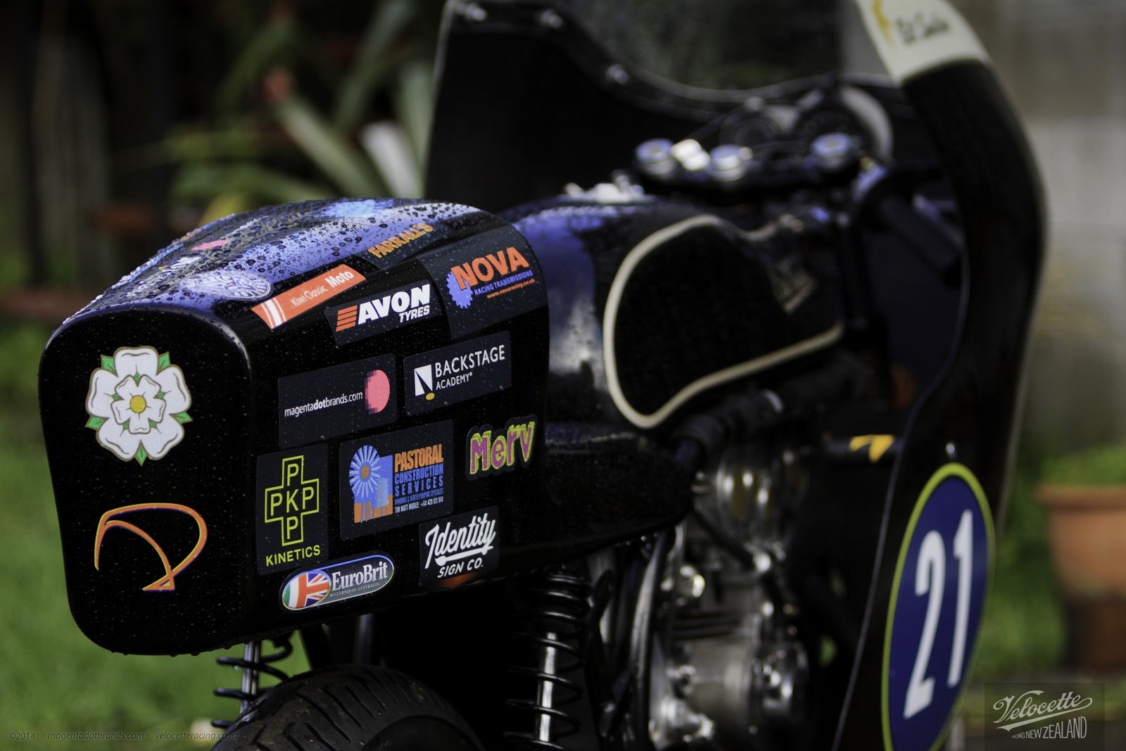 Nick Thomson, Eldee T.T., lightweight, Velocette special, rear elevation, detail, aerodynamic tail, sponsor’s logos array, publicity photo, photographer, Shaun Waugh, MagentaDot Brands