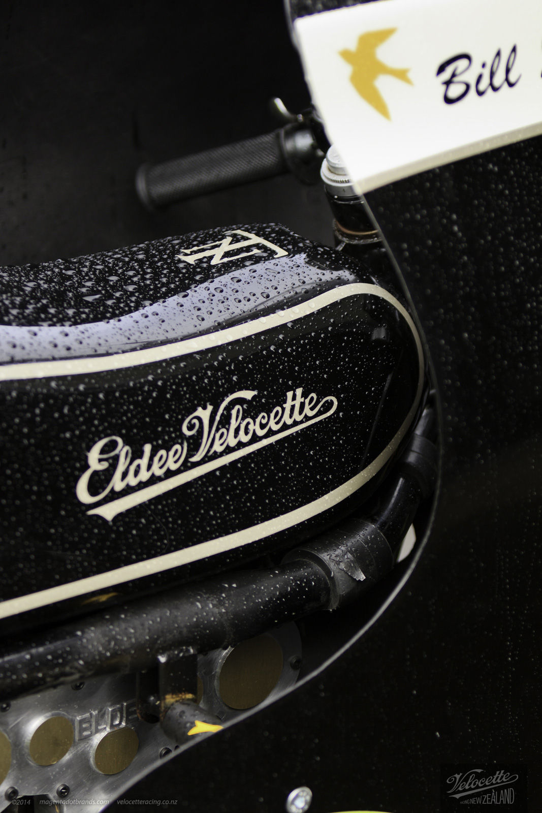 Nick Thomson, Eldee T.T., lightweight, Velocette special, side elevation, starboard side, petrol tank, new Eldee Velocette badge, carbon fibre petrol tank and fairing, rider, Bill Swallow, flying swallow mark, publicity photo, photographer, Shaun Waugh, MagentaDot Brands