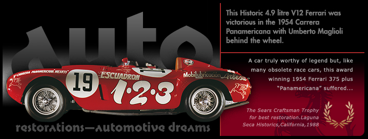 Graphic Ferrari Panamericana slide from the ‘Auto Restorations—automotive dreams’ ‘PassionPoint’ slideshow / marketing communications banner at the head of the homepage. The positioning of the Auto Restorations brand as representing a firm of internationally recognised, highly skilled and experienced classic car restorers who are also passionate classic car enthusiasts is expressed in these mini-advertisement slides.