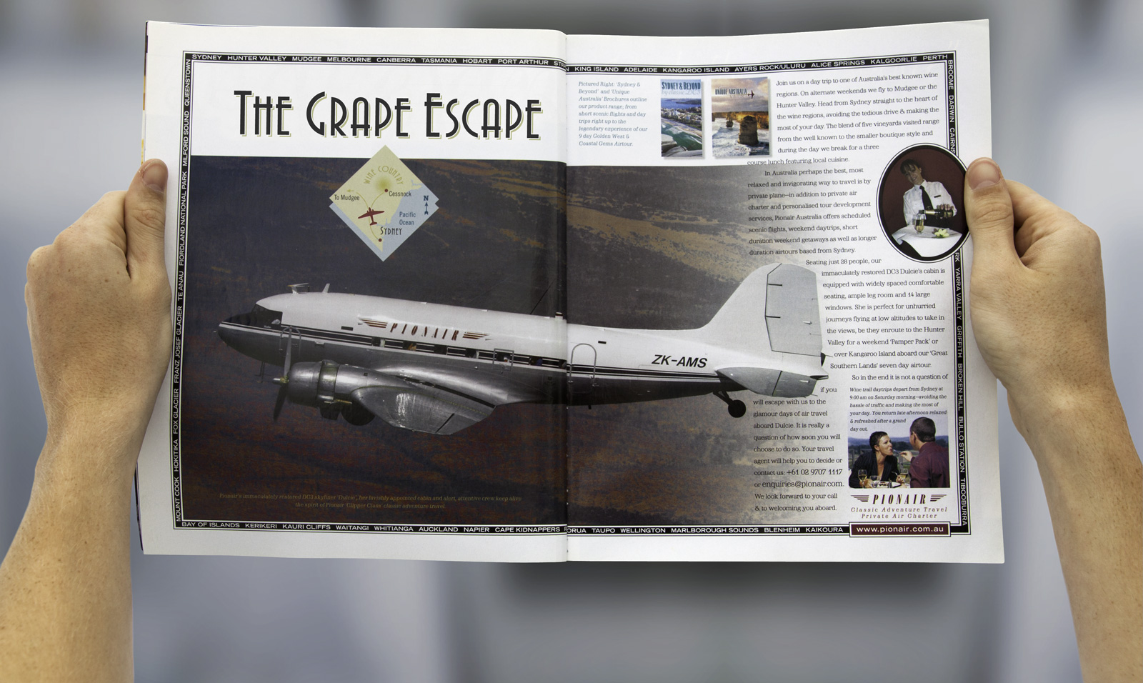Pionair Sydney, ‘The Grape Escape’ Classic DC3 weekend wine region getaways, ‘Weekends For 2’ magazine. Pionair ‘Golden Era of Air Travel‘ campaign theme.