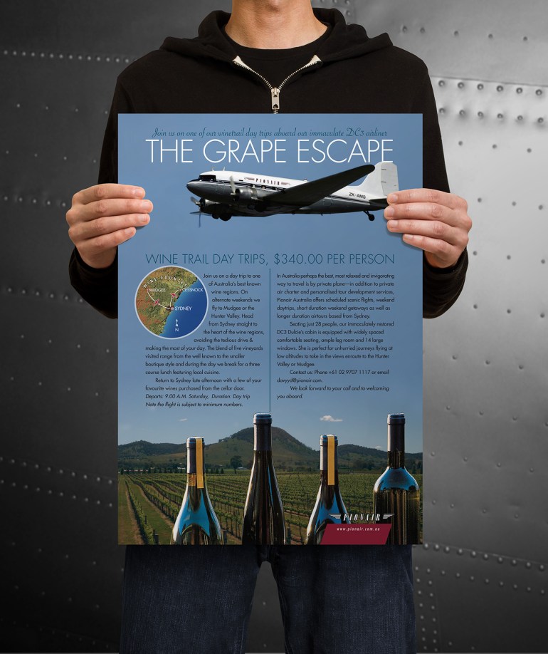 ‘The Grape Escape’ Classic DC3 weekend Wine trail day trips magazine advertisement and poster