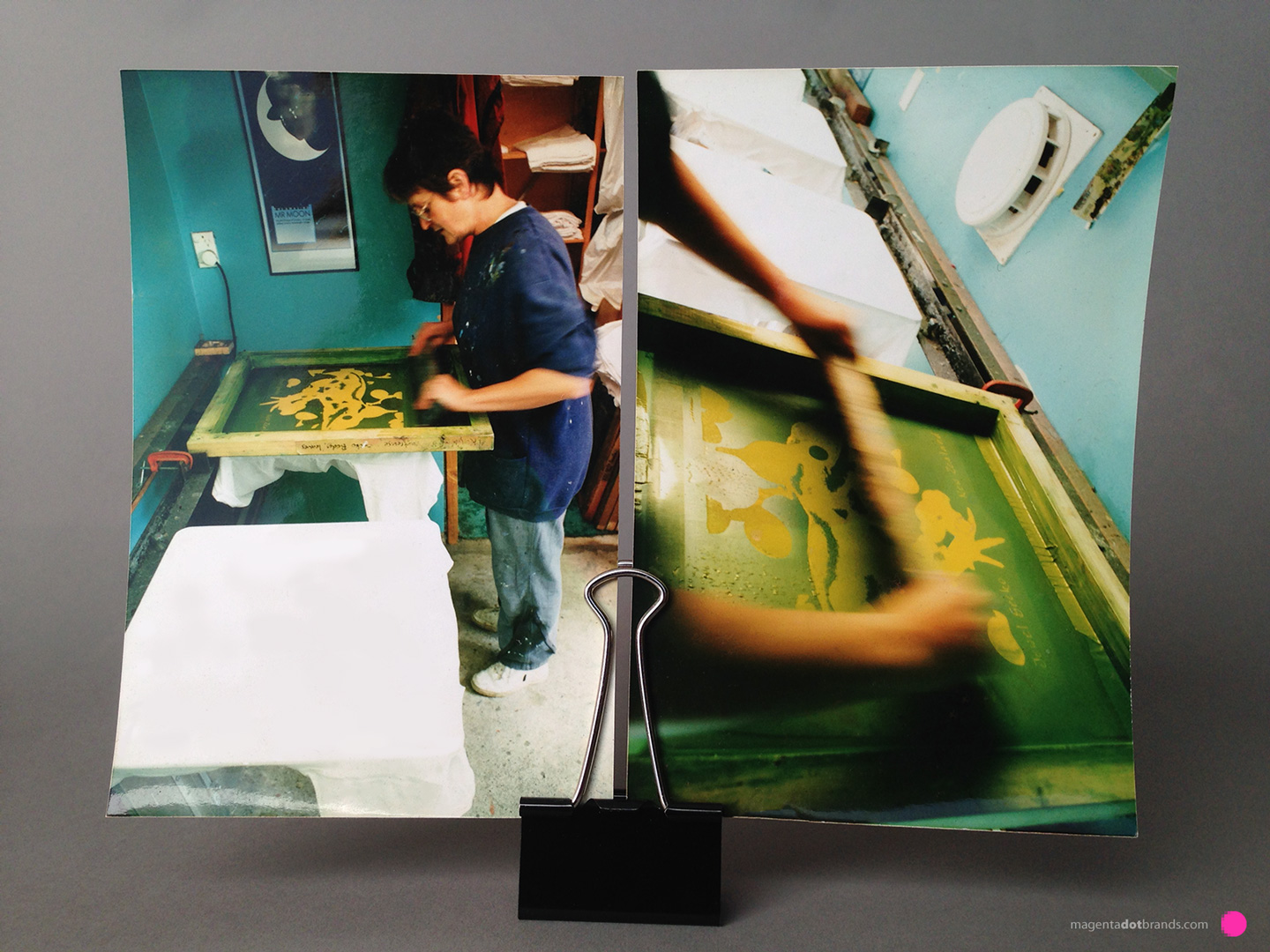 Starting at print station one, Deborah hand screenprints the first colour, light green onto the front of the white, 100% cotton New Zealand made teeshirt.