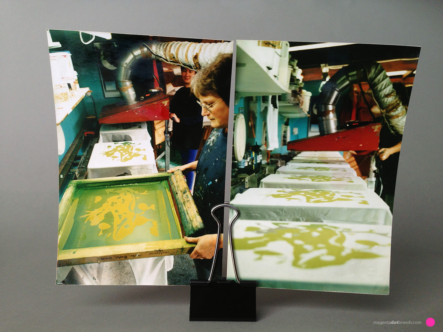 hrissie follows Deborah printing the first colour down the row of 10 printing stations with ‘Flash Gordon’, our custom designed ink ‘flash-cure’ unit on wheels.