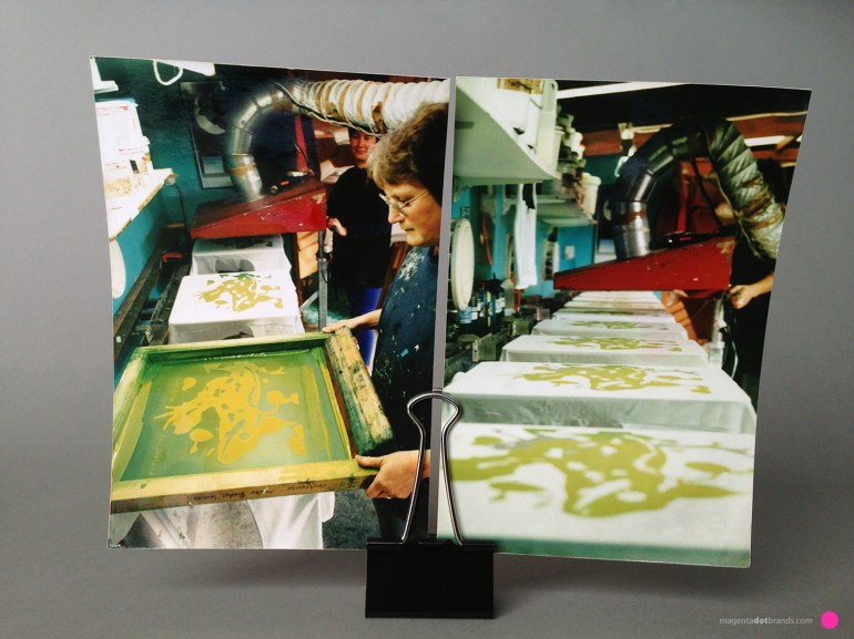 hrissie follows Deborah printing the first colour down the row of 10 printing stations with ‘Flash Gordon’, our custom designed ink ‘flash-cure’ unit on wheels.