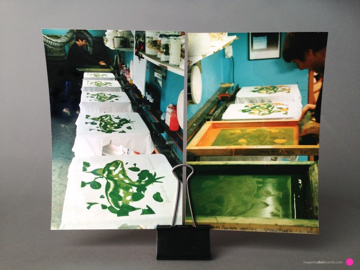 Synchronised with Deborah printing the second colour, dark green, Chrissie prints the third colour orange. Because the area of these prints is small the dark green colour does not present the problem of adhering to bottom of the following orange stencil.